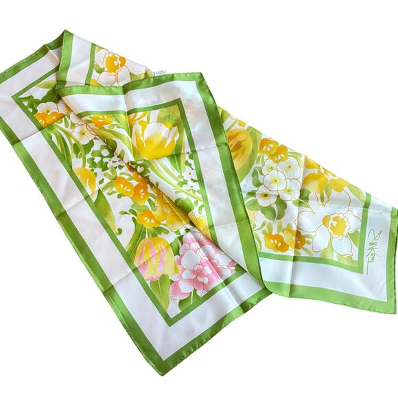 SM Kent for Avon scarf silky 27" square green yellow white springtime summer - Picture 7 of 7